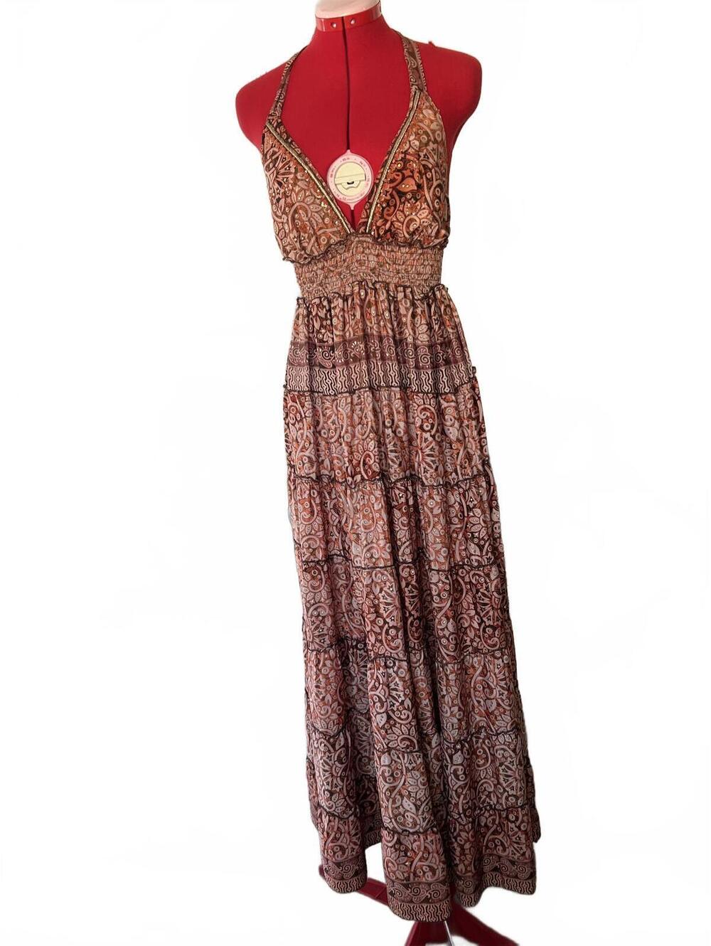 VTG Smock Waist Silk Boho Paisley Tier Halter Maxi w/ Embroidered Gold Sequins